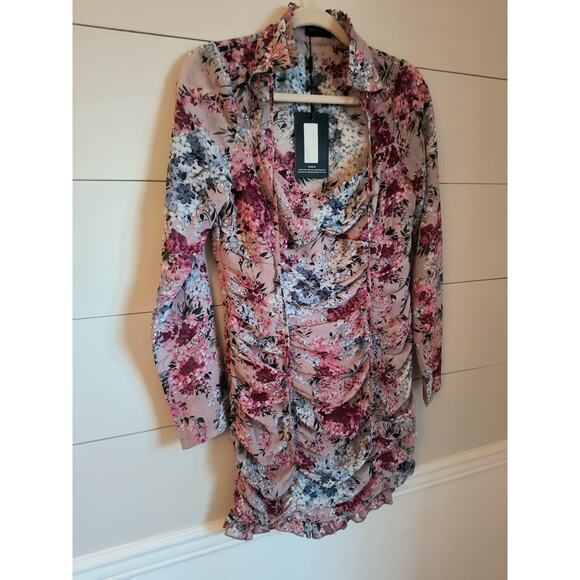 Pretty Little Thing Pink Floral Mini Dress Women's Sz 8 Long Sleeve Lined Ruched - Picture 6 of 16